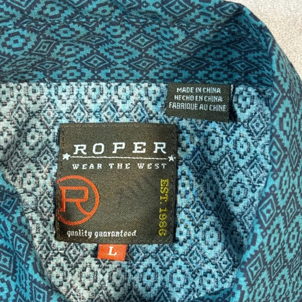 Roper Mens Teal Geometric Diamond Western Pearl Snap Shirt Long Sleeve Large - Picture 4 of 8